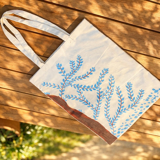 Hand painted blue leaf canvas tote bag eco friendly reusable shopping bag for women