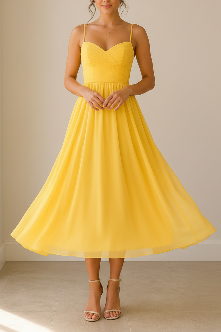 Yellow dress worn by a person against a neutral background