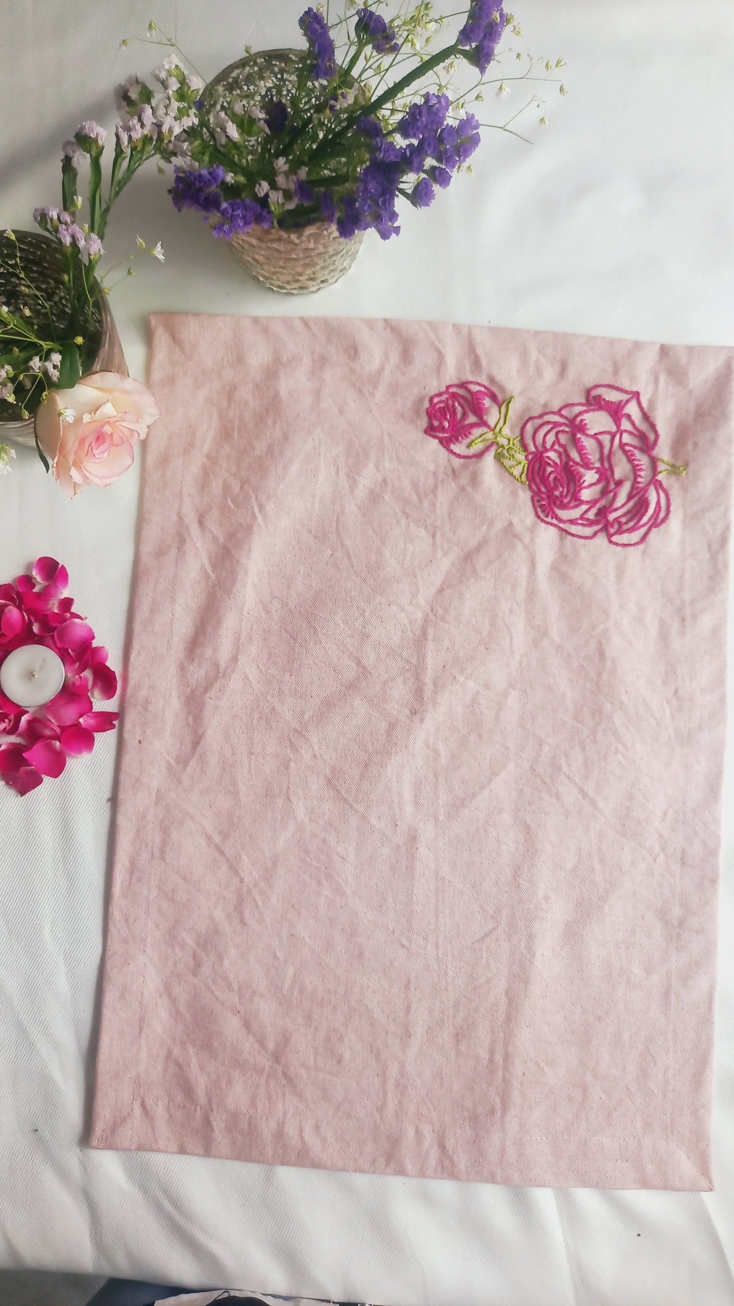 Rose-Set of 6 Hand Embroidered Table Mats