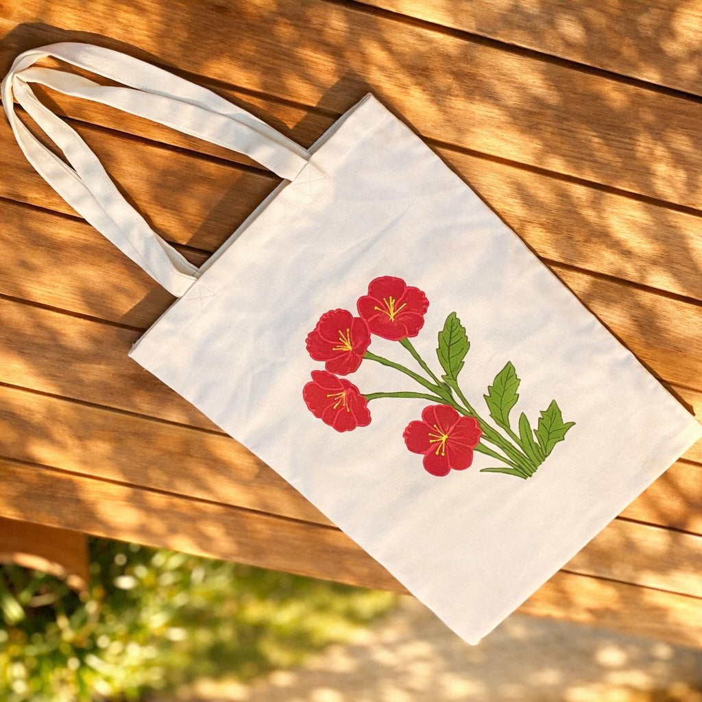 Hand painted red floral canvas tote bag for women eco friendly reusable shopping bag