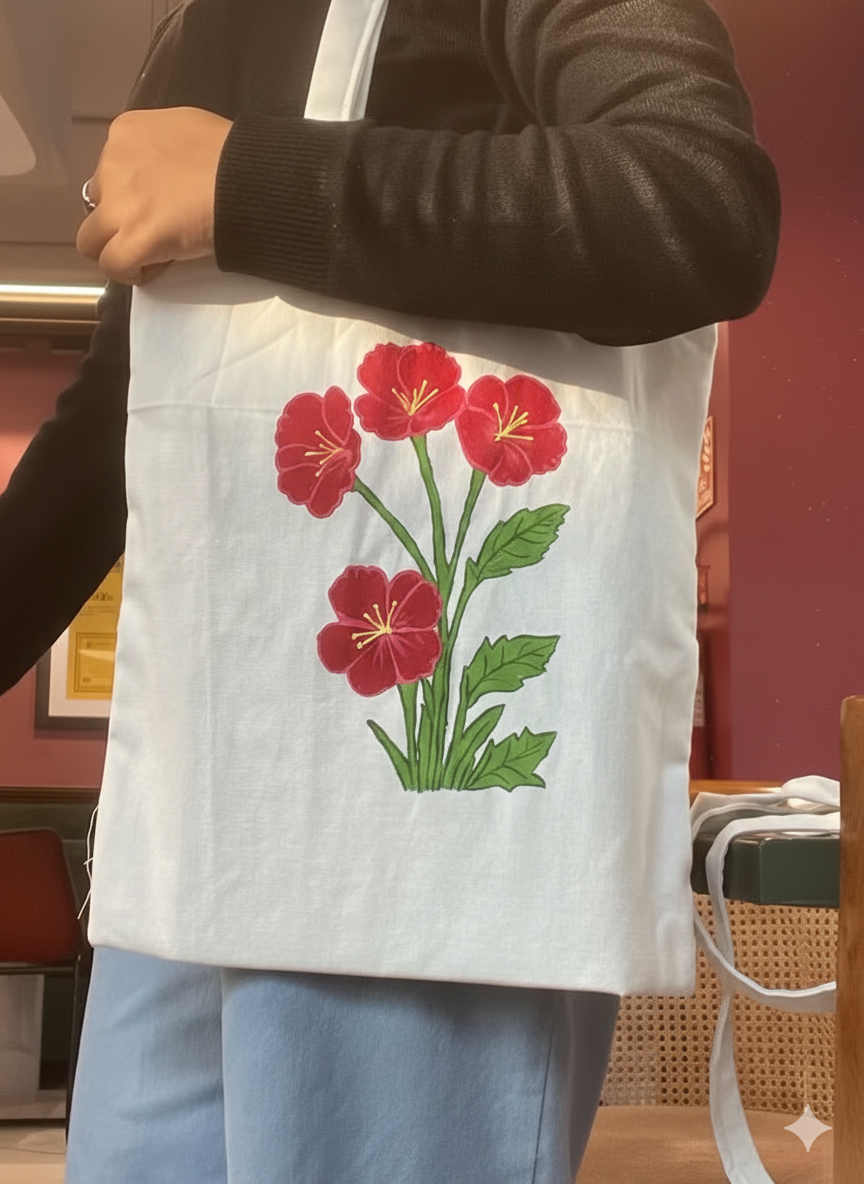 Hand painted red floral canvas tote bag for women eco friendly reusable shopping bag