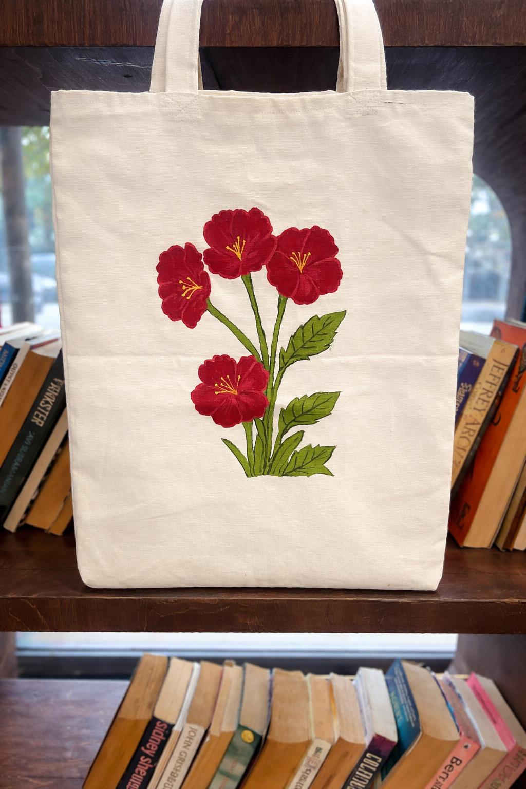 Hand painted red floral canvas tote bag for women eco friendly reusable shopping bag