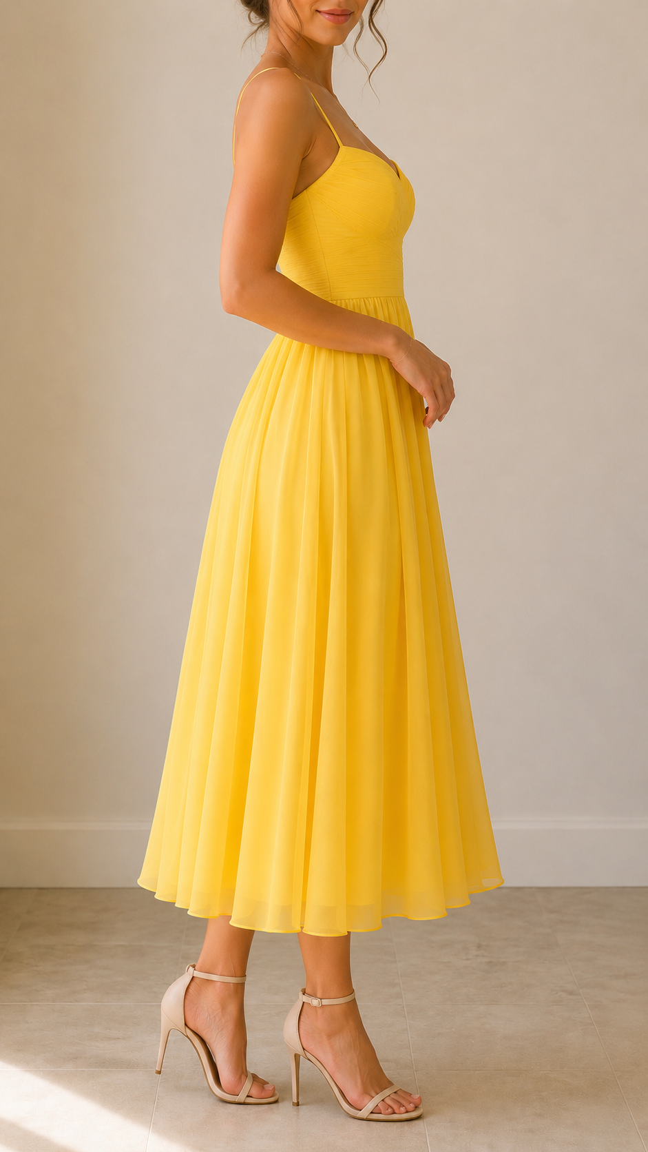 Woman wearing a yellow dress with thin straps against a neutral background